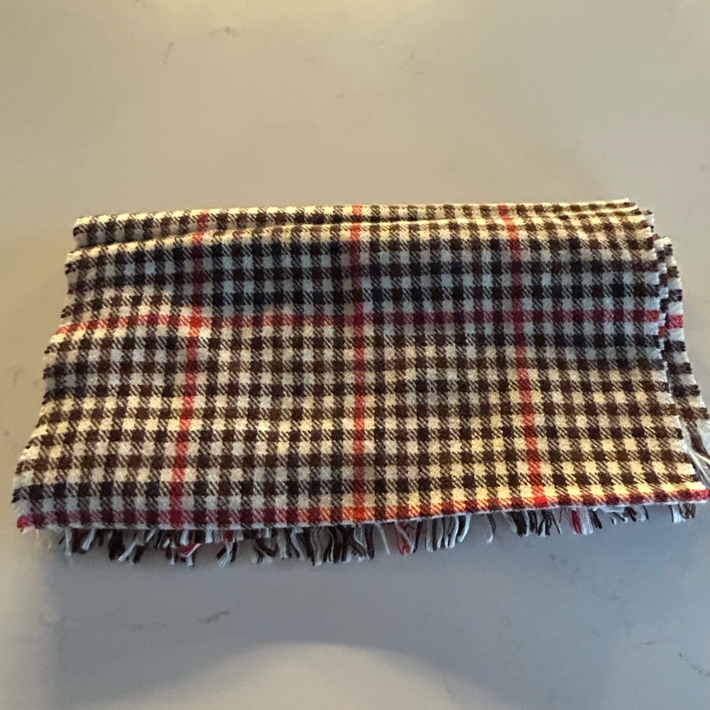 Vintage Brown, Cream & Red Plaid Wool Fringe Scarf Made in Scotland for Eatons